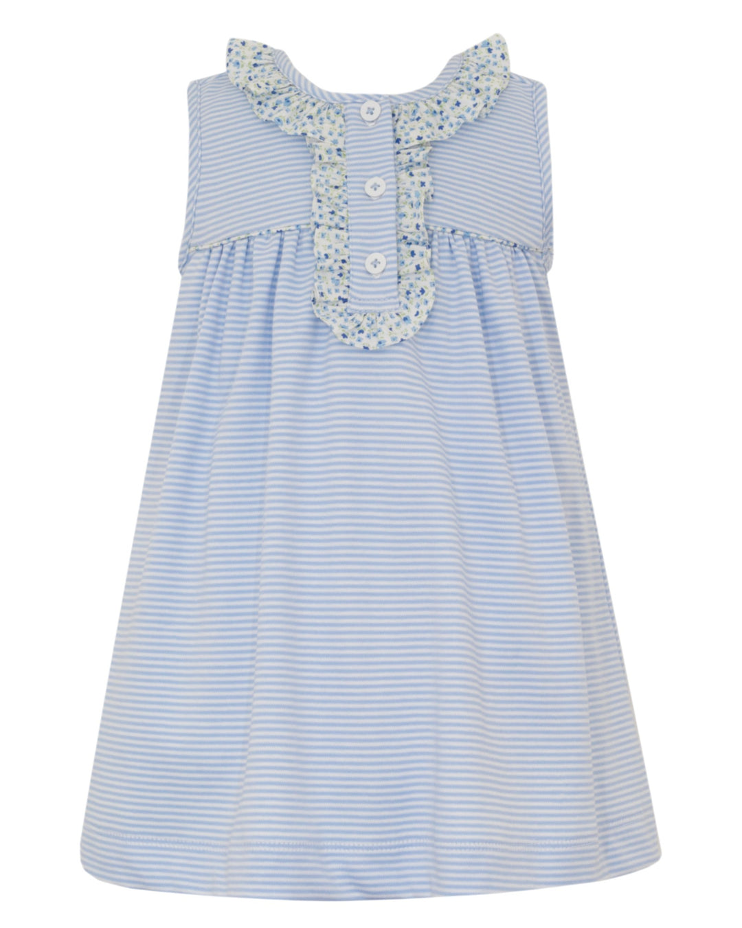 Blue and white striped dress with floral collar on a white background