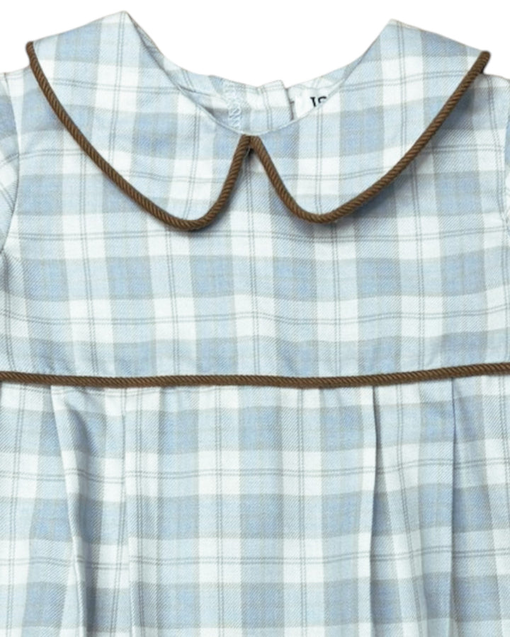 Plaid dress with brown trim on a white background