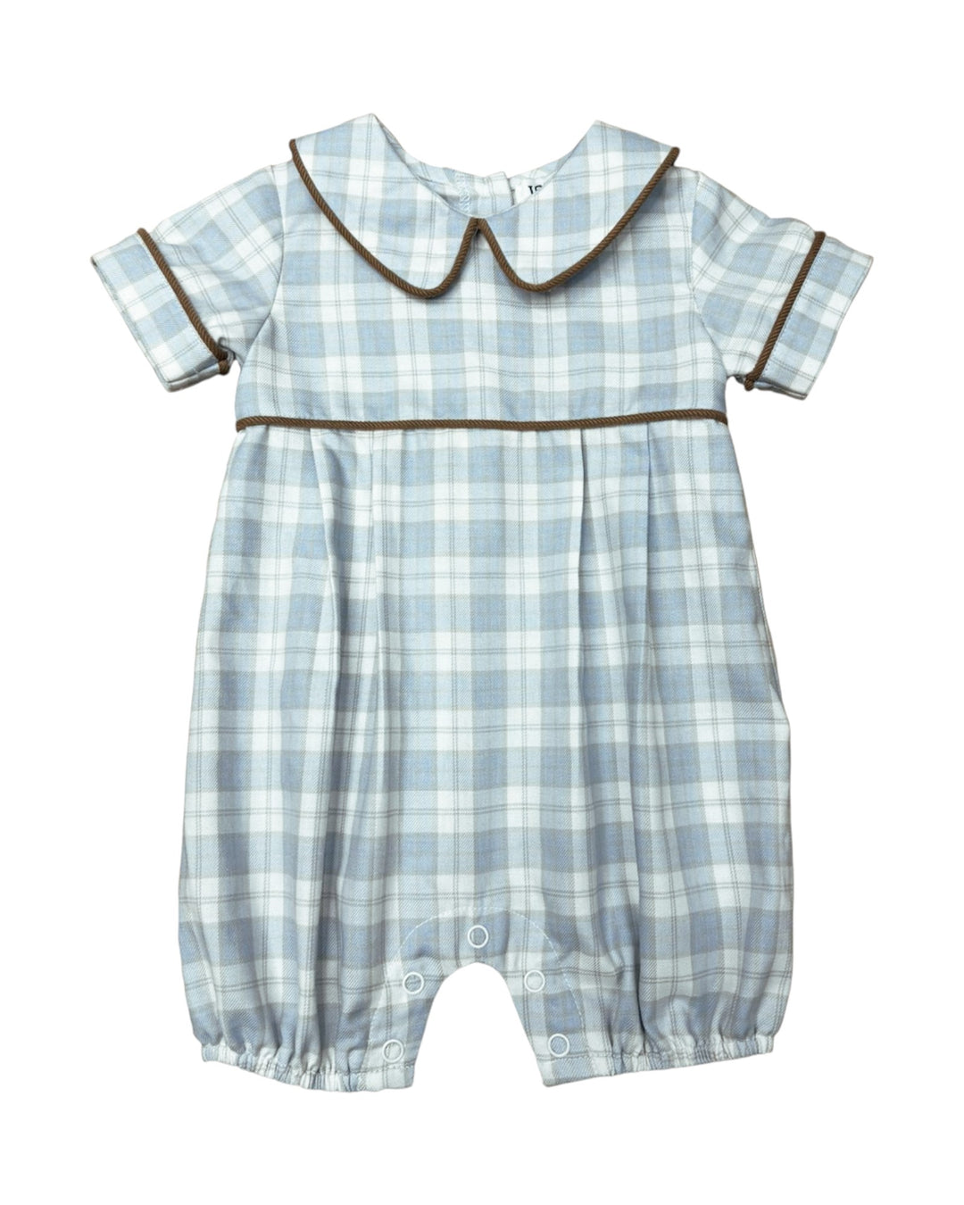 Blue plaid baby romper with brown trim on a white background