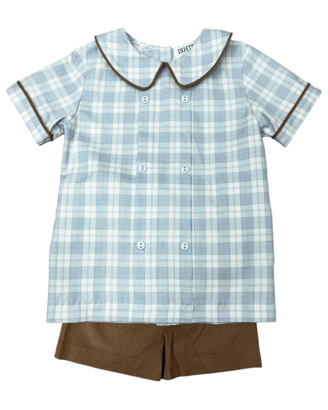 Children's outfit with blue plaid shirt and brown shorts on a white background