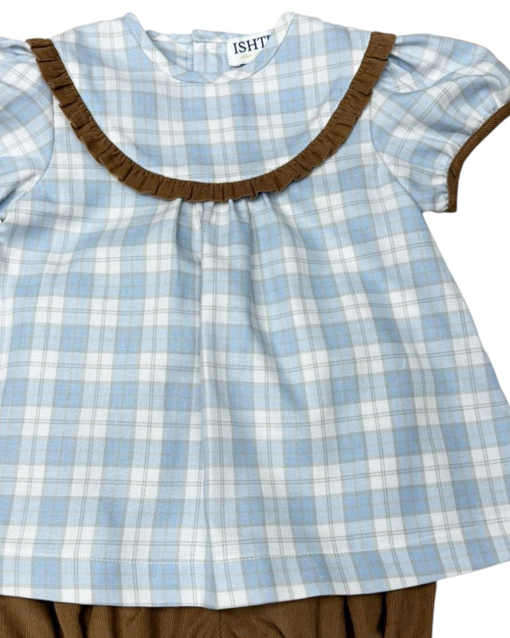 Blue and white checkered dress with brown trim on a white background