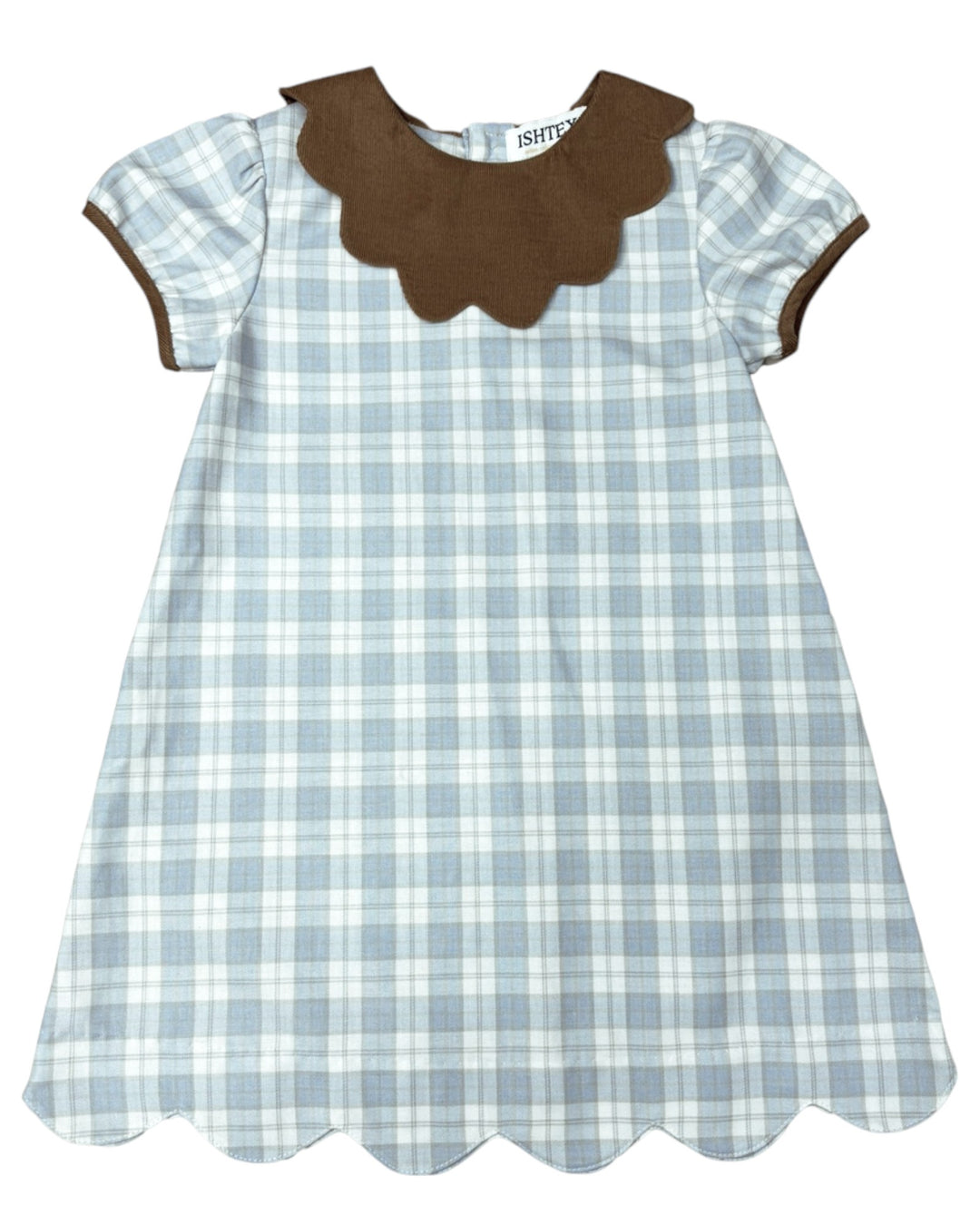 Children's dress with blue plaid pattern and brown collar on a white background