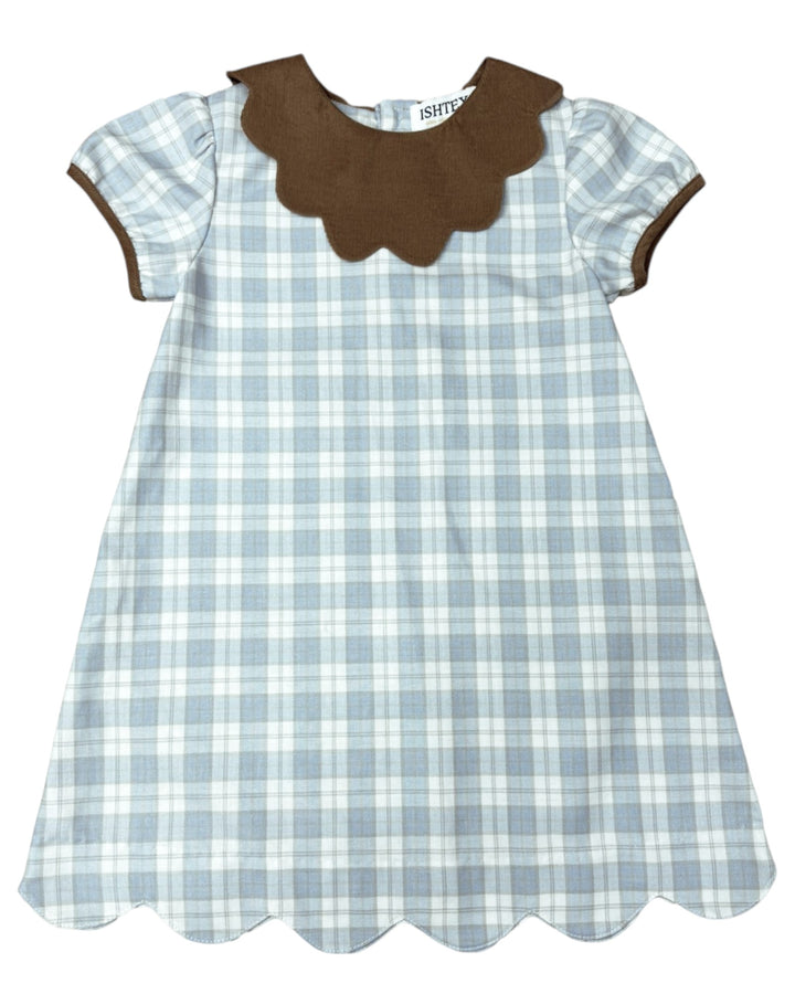 Children's dress with blue plaid pattern and brown collar on a white background