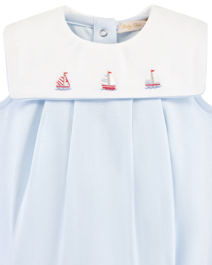 Blue Sailboat Embroidered Boys Bubble, That Store, close