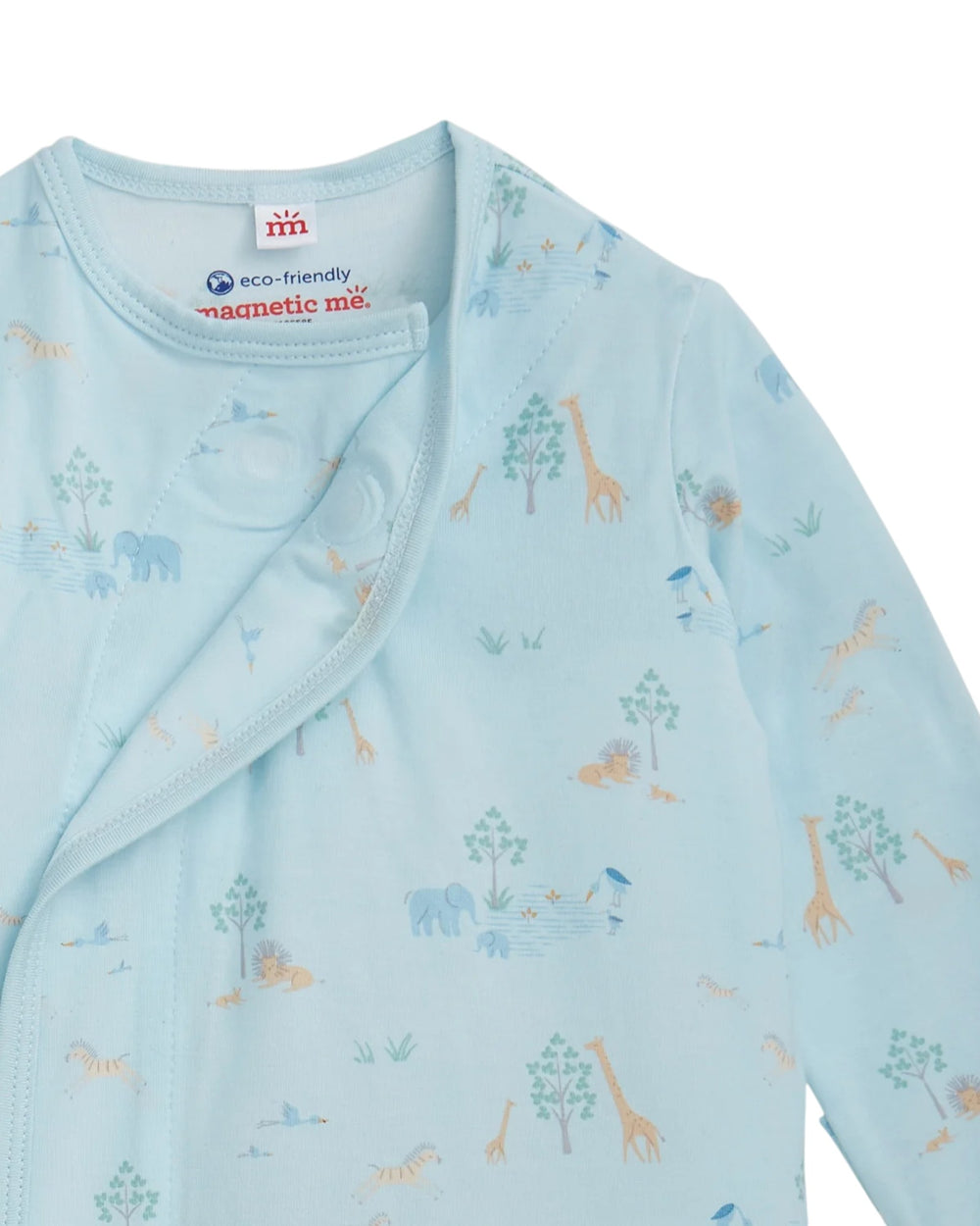 Light blue baby onesie with animal prints on a white background