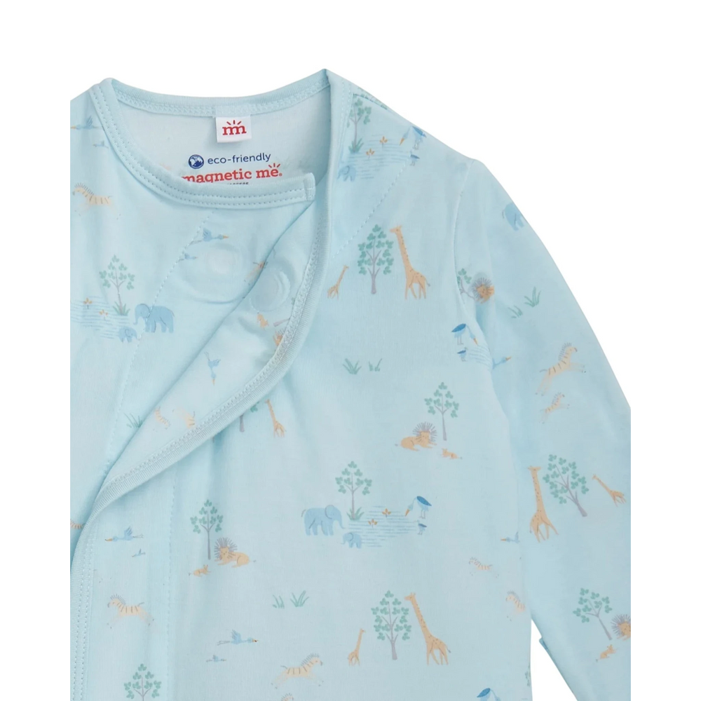 Light blue baby onesie with animal prints on a white background