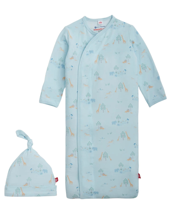 Blue baby gown with animal pattern and matching hat on a white background