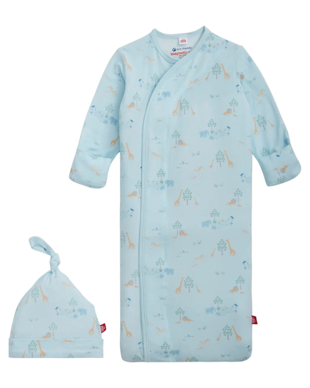 Baby blue outfit with dinosaur pattern and matching hat on a white background