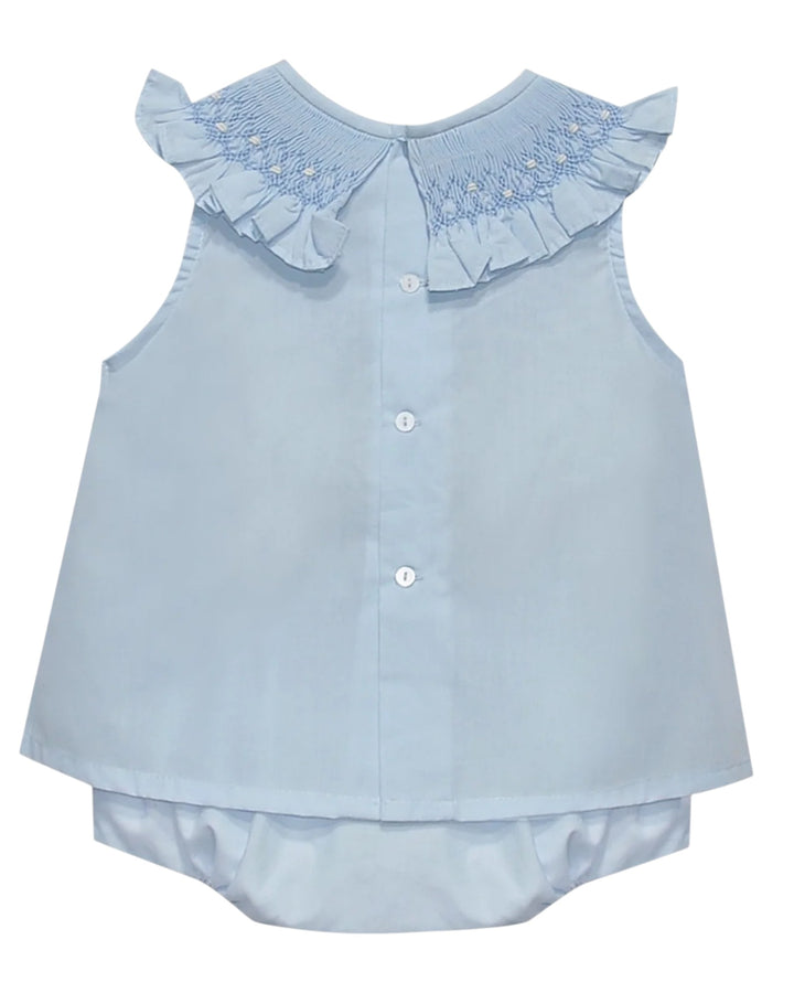 Light blue sleeveless top with ruffled collar on a white background