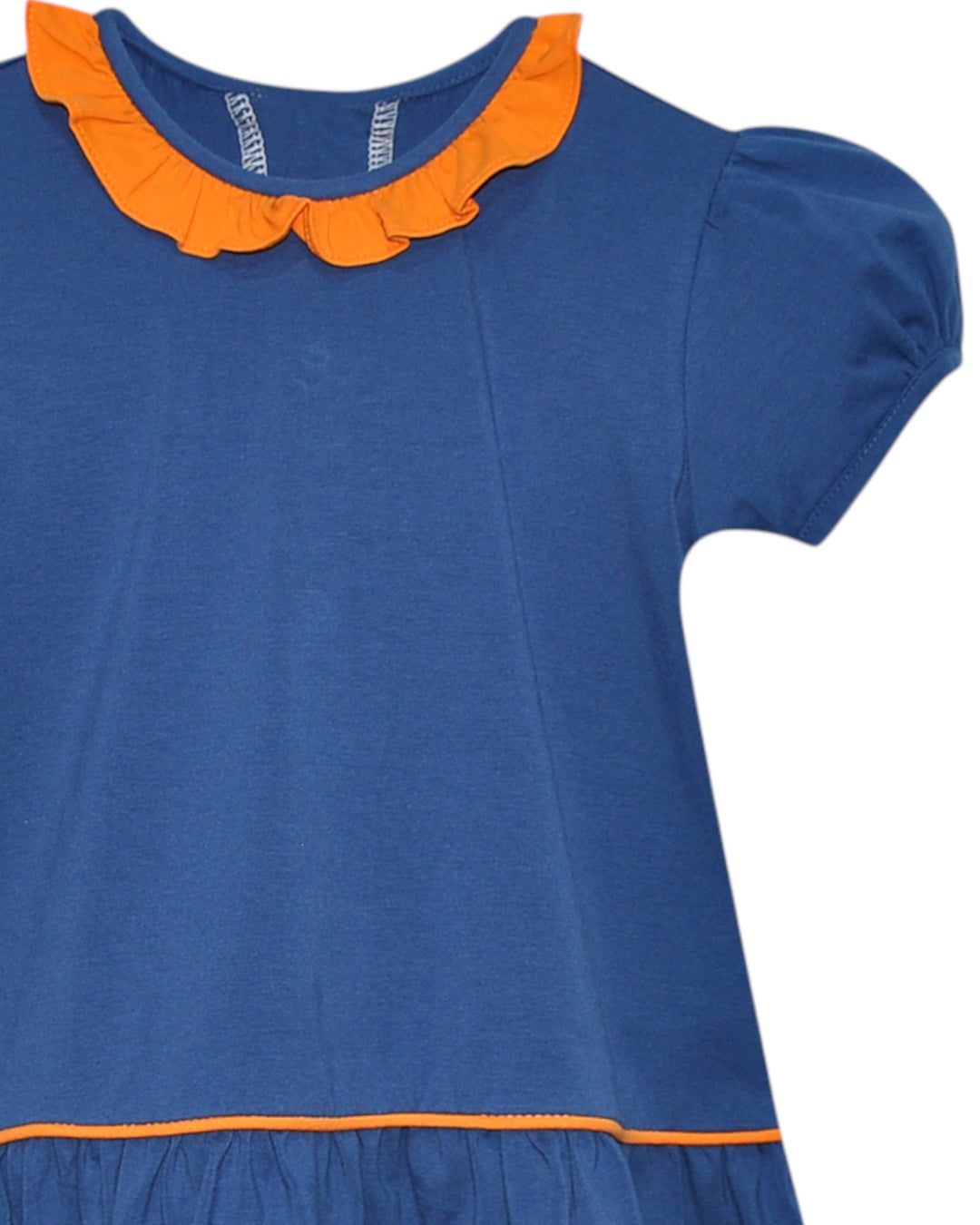 Blue dress with orange collar and trim on a white background