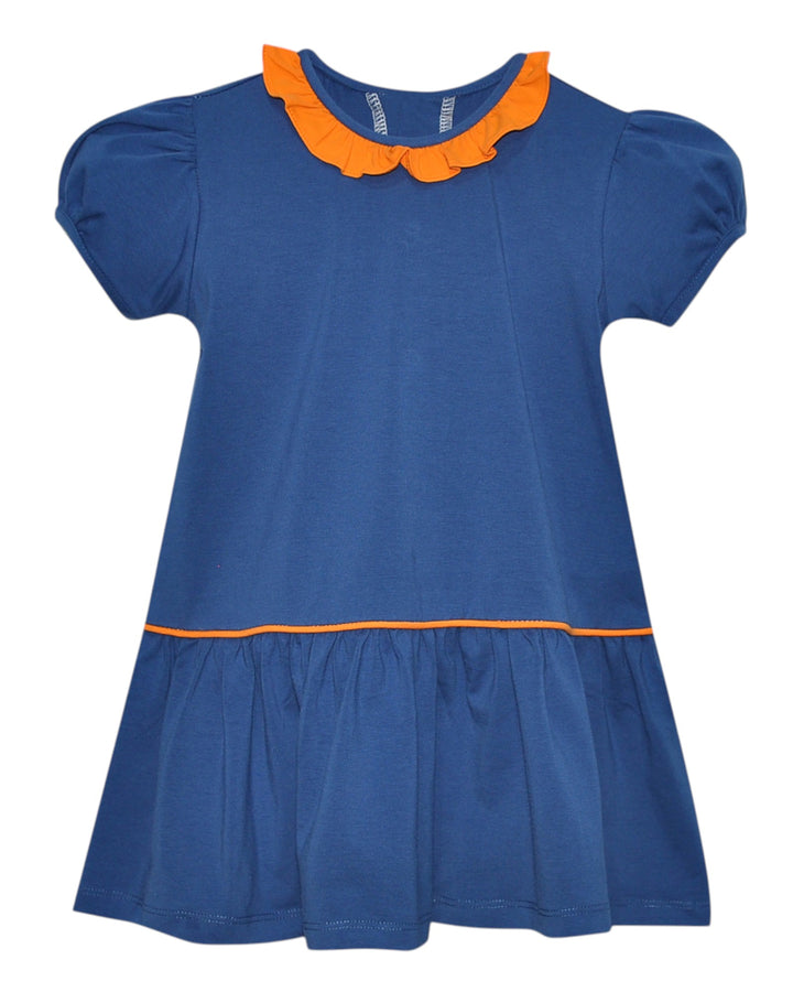 Blue dress with orange collar and trim on a white background