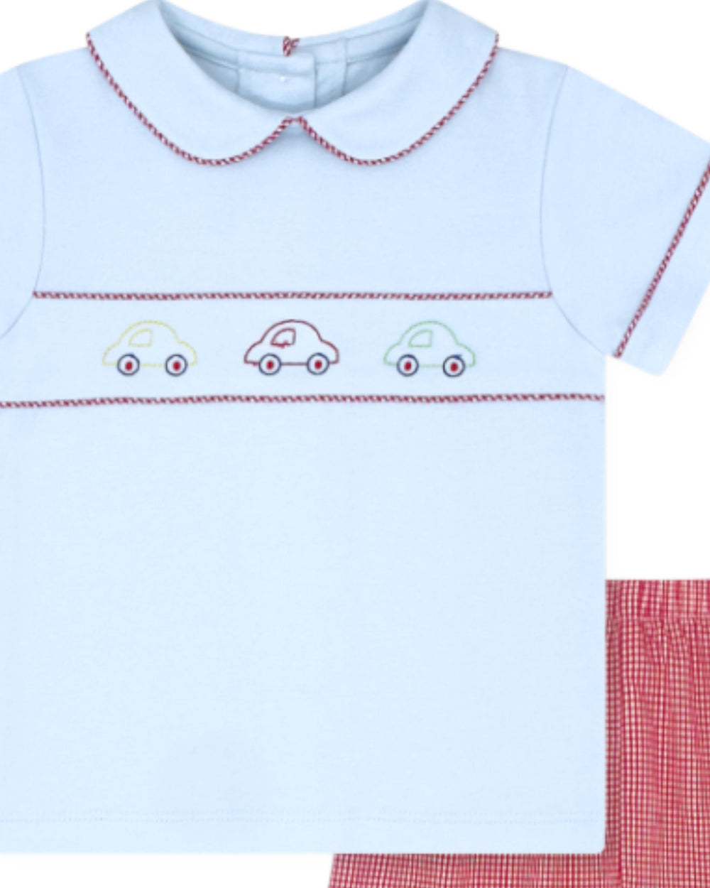 Light blue shirt with embroidered cars and red checkered pants