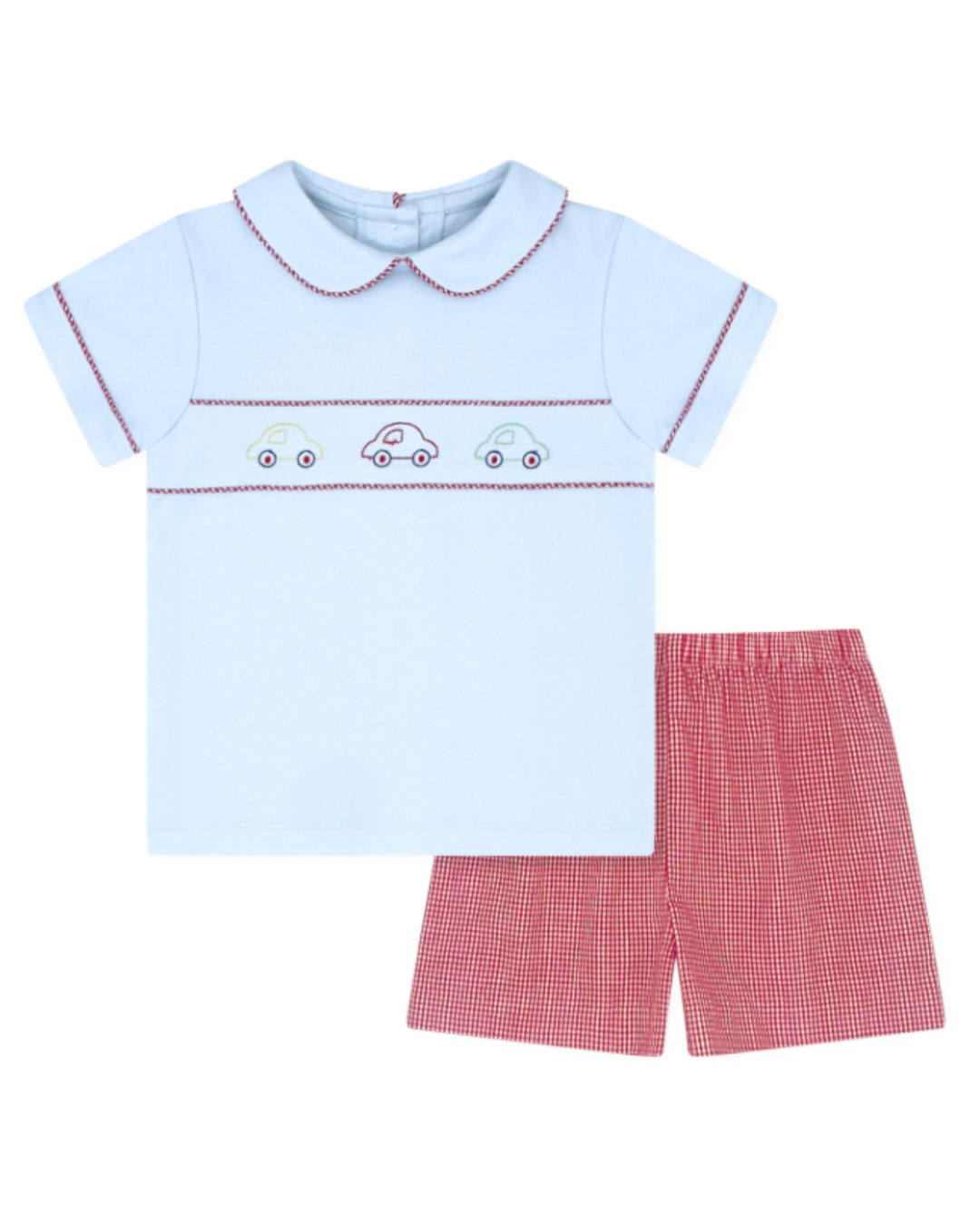 Children's outfit with light blue shirt and red checkered shorts on a white background