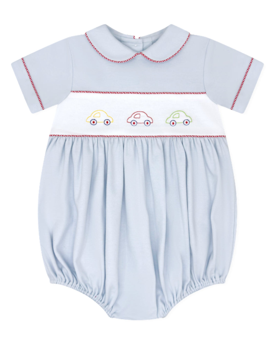 Light blue baby romper with embroidered cars on a white background