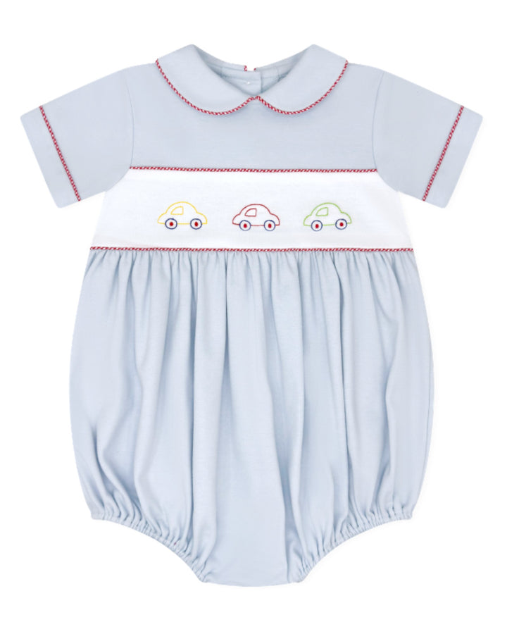 Light blue baby romper with embroidered cars on a white background