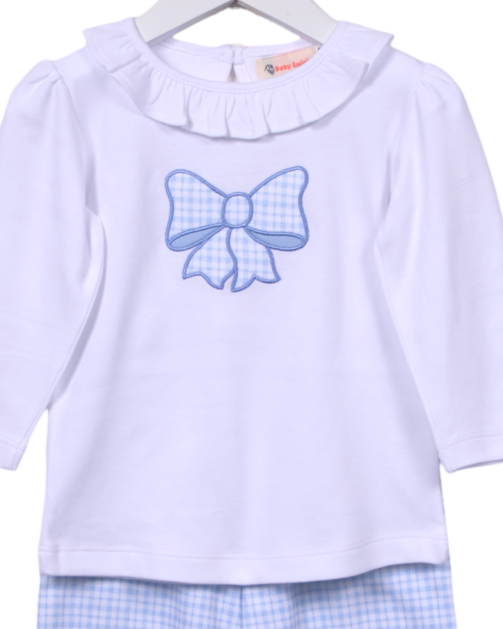 Bow Applique Blue Windowpane Bloomer Pant Set, close up