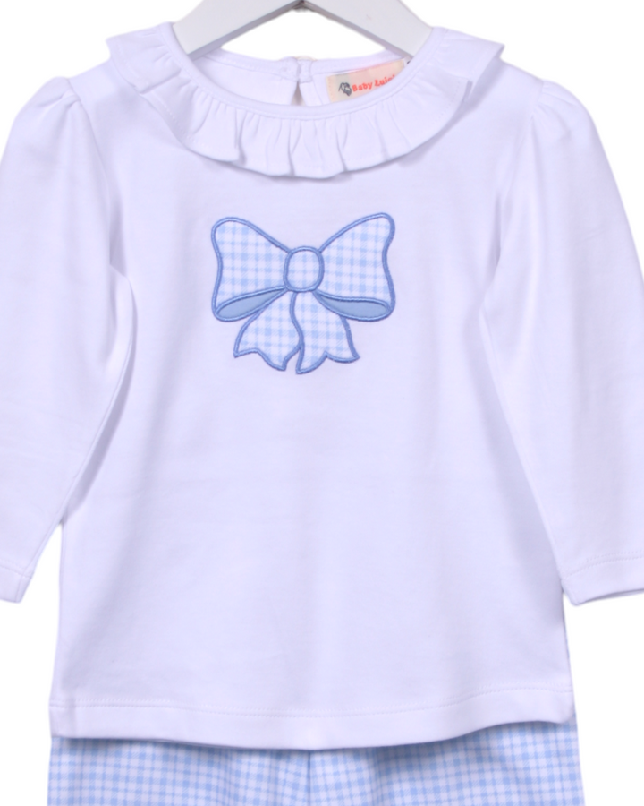 Bow Applique Blue Windowpane Bloomer Pant Set, close up