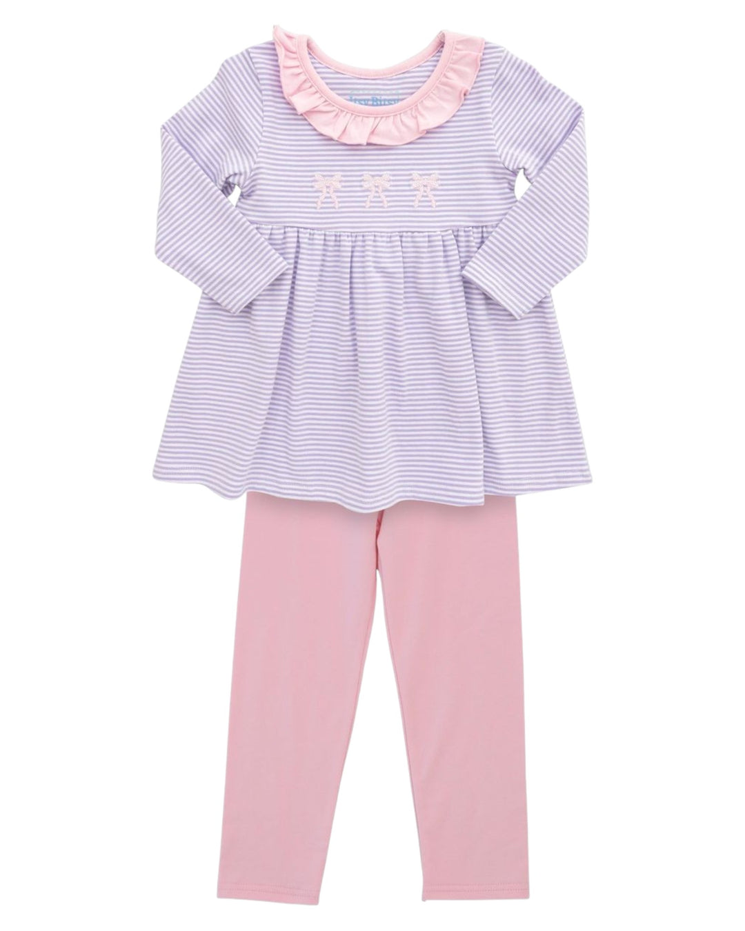 Children's outfit with striped top and pink pants on a white background