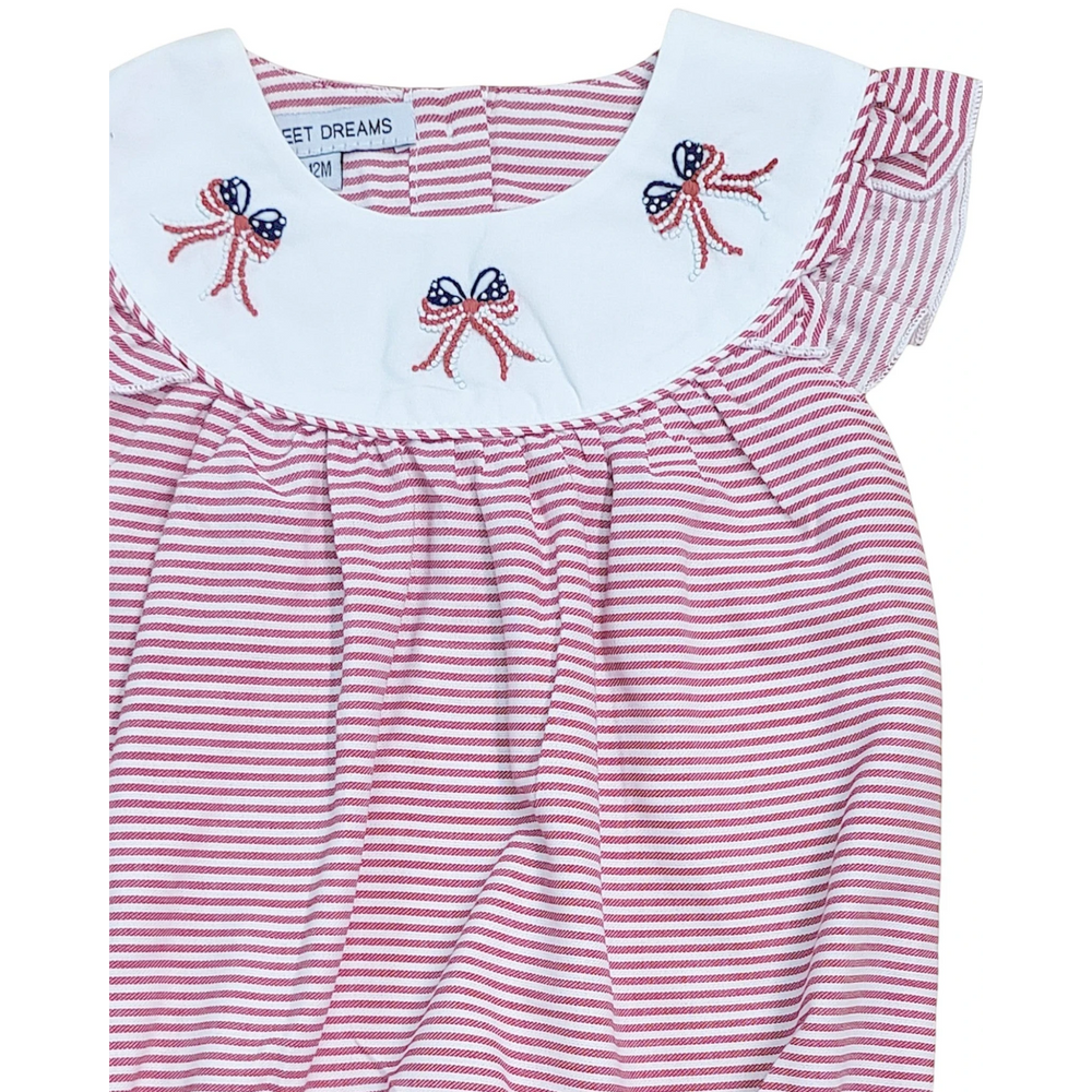 Red and white striped dress with embroidered bows on a white background, that store