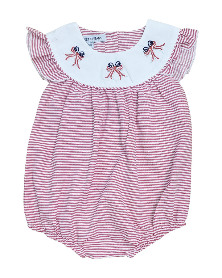 Red and white striped baby romper with embroidered details on a white background, that store