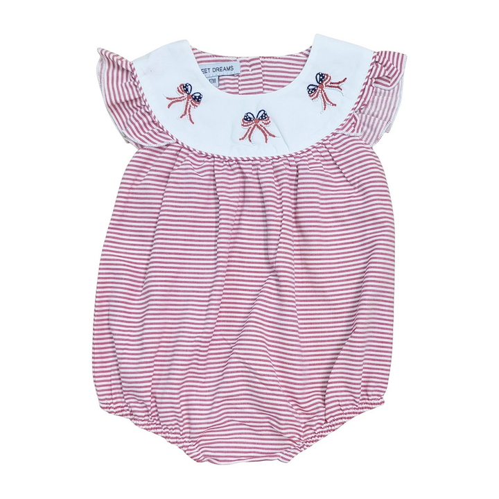 Red and white striped baby romper with embroidered details on a white background, that store