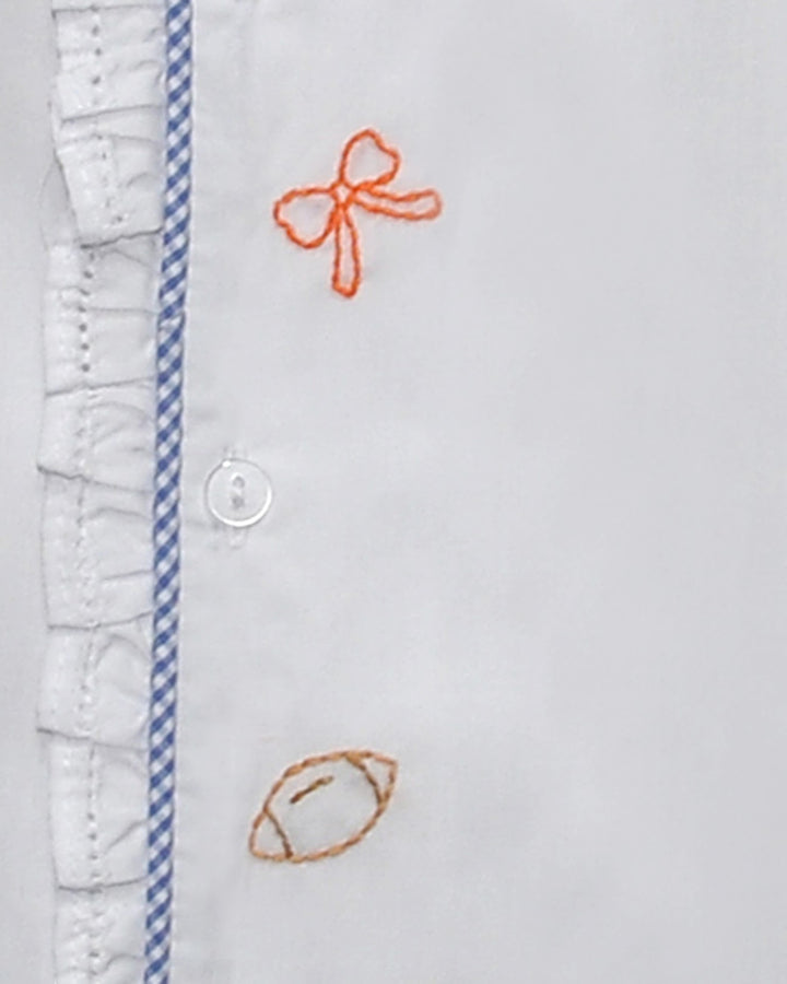 Bow and Football Embroidered White/Blue Girls Daygown
