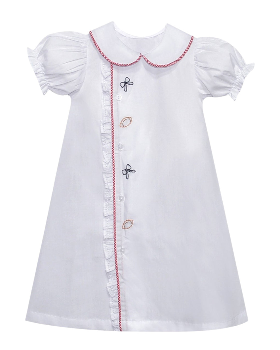 White dress with ruffled sleeves and collar on a white background
