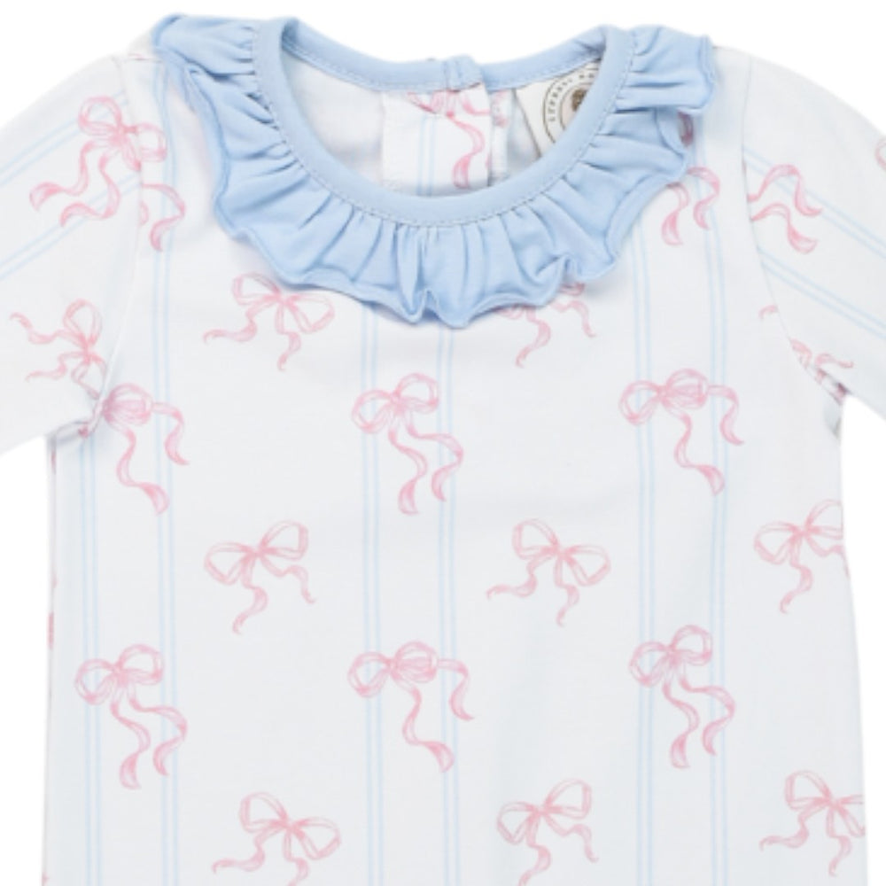 A baby long-sleeve top featuring a light blue ruffled collar, a white base, light blue vertical stripes, and pink bow prints, that store