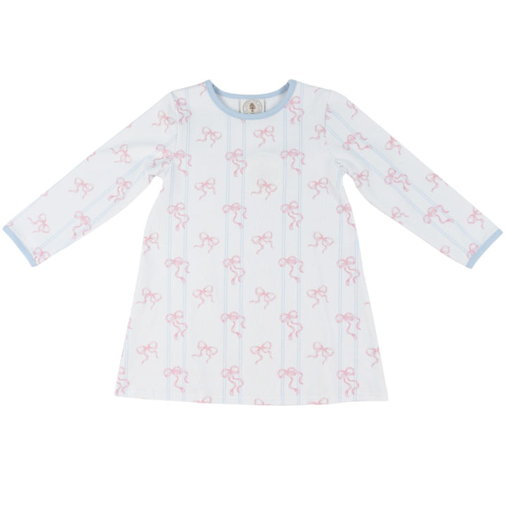 A long-sleeve baby dress in white with a light blue and pink pattern of vertical stripes and small bow motifs, featuring a light blue collar and cuffs, that store