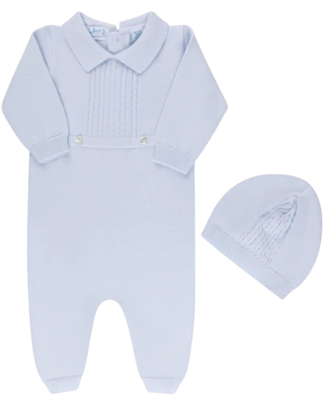 Light blue baby romper with matching hat on a white background