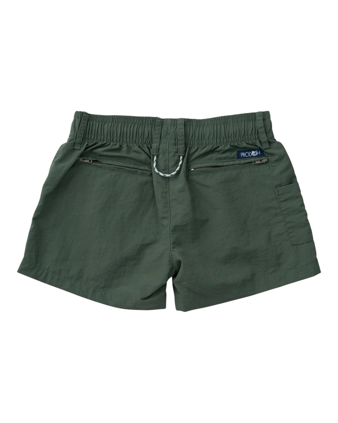 A pair of dark green cargo shorts with an elastic waistband, featuring a silver metal ring detail at the center back and a small blue brand label on the right side, that store