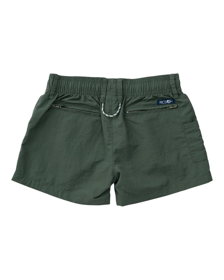 A pair of dark green cargo shorts with an elastic waistband, featuring a silver metal ring detail at the center back and a small blue brand label on the right side, that store