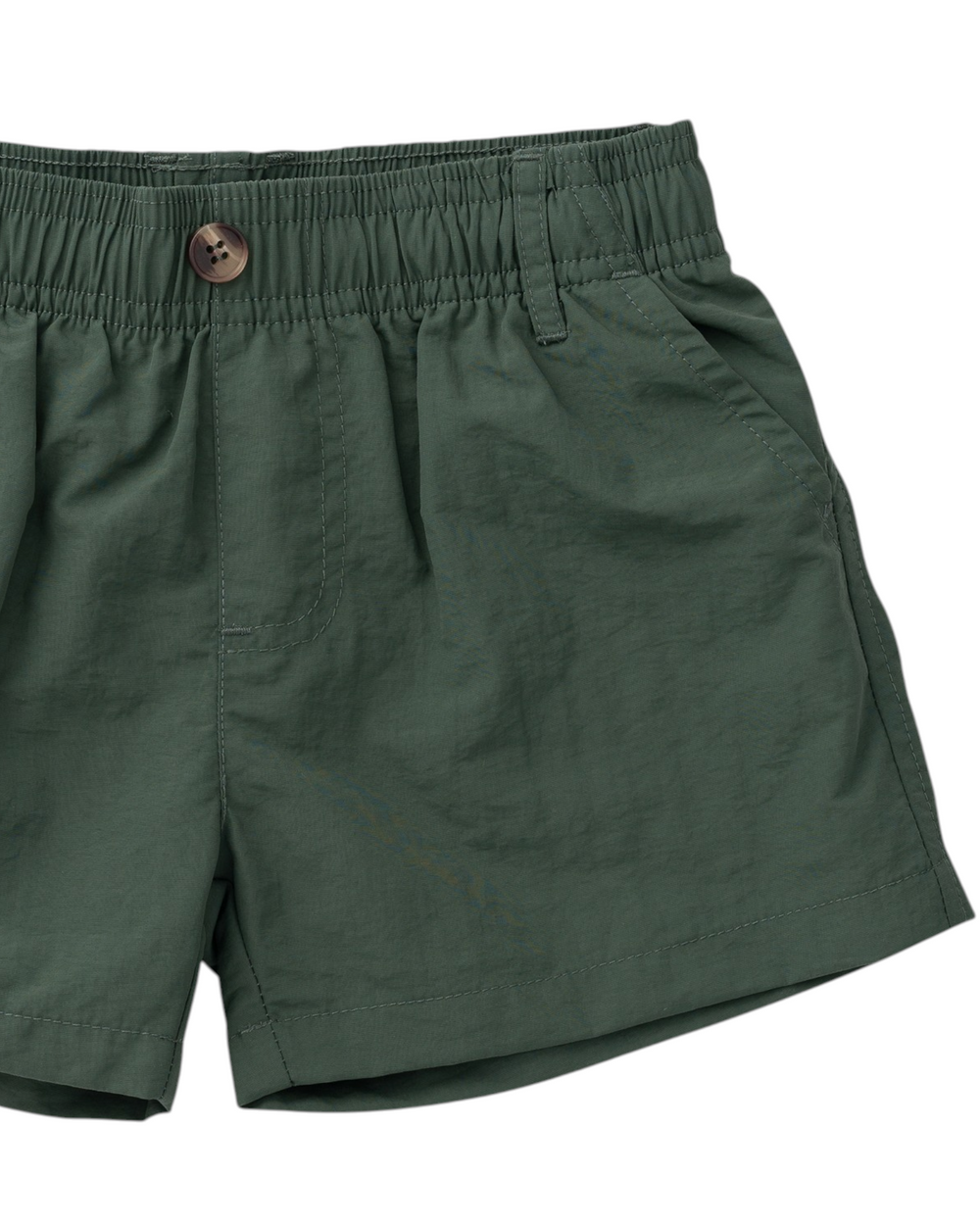 A close-up of dark green casual shorts with an elastic waistband and a single brown button, shown against a plain white background, that store