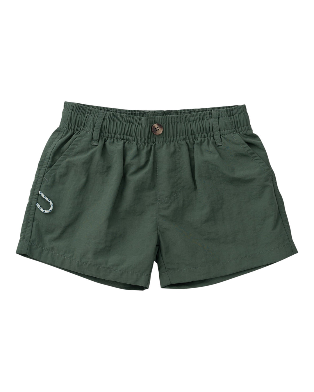 A pair of dark green athletic shorts with an elastic waistband, a small brown button, and a white embroidered logo on the left leg, shown against a plain white background, that store