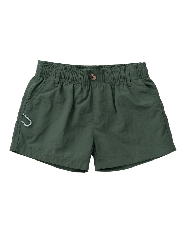 A pair of dark green athletic shorts with an elastic waistband, a small brown button, and a white embroidered logo on the left leg, shown against a plain white background, that store