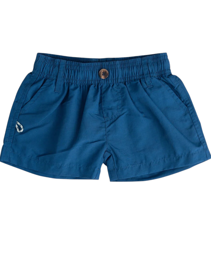 A pair of blue elastic-waist shorts with a small white logo on the left leg, displayed flat against a white background, that store