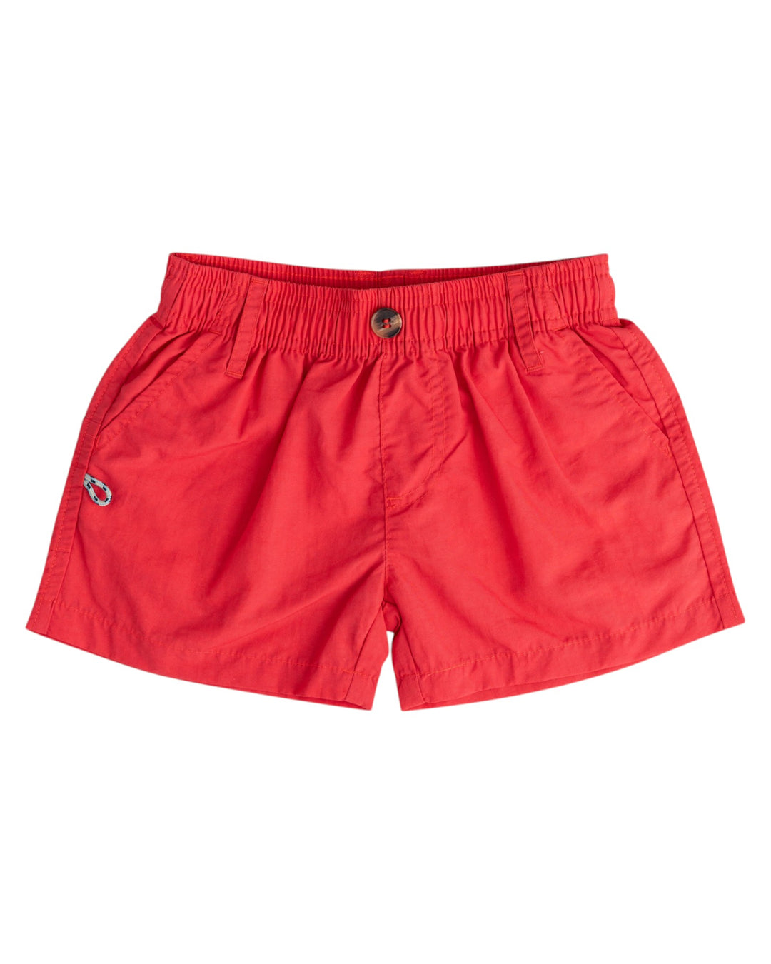 Red shorts with a button on a white background