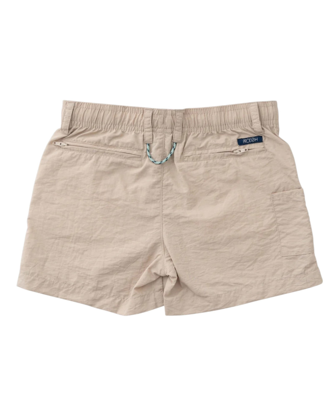 Beige shorts with a brand label on a white background