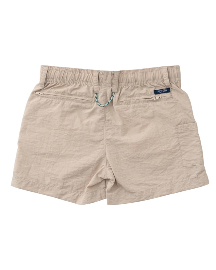 Beige shorts with a brand label on a white background