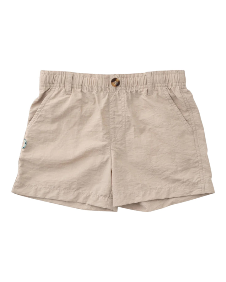 Beige shorts with a small logo on a white background