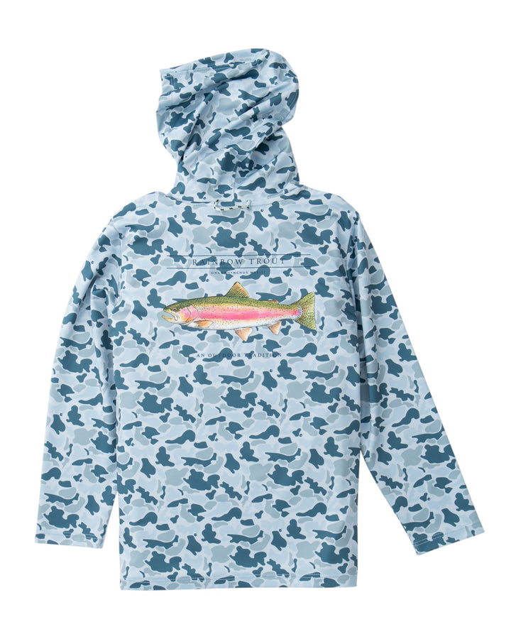 A hooded long-sleeve top with an allover blue and white camouflage pattern, featuring a large rainbow trout graphic on the chest with the text &