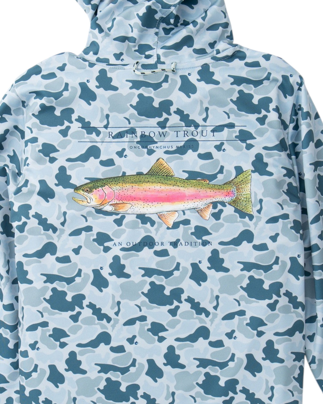 A light blue and slate blue camouflage hoodie featuring a large graphic of a rainbow trout on the chest with the text &