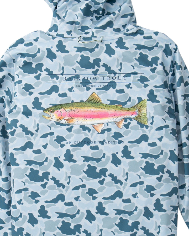A light blue and slate blue camouflage hoodie featuring a large graphic of a rainbow trout on the chest with the text &