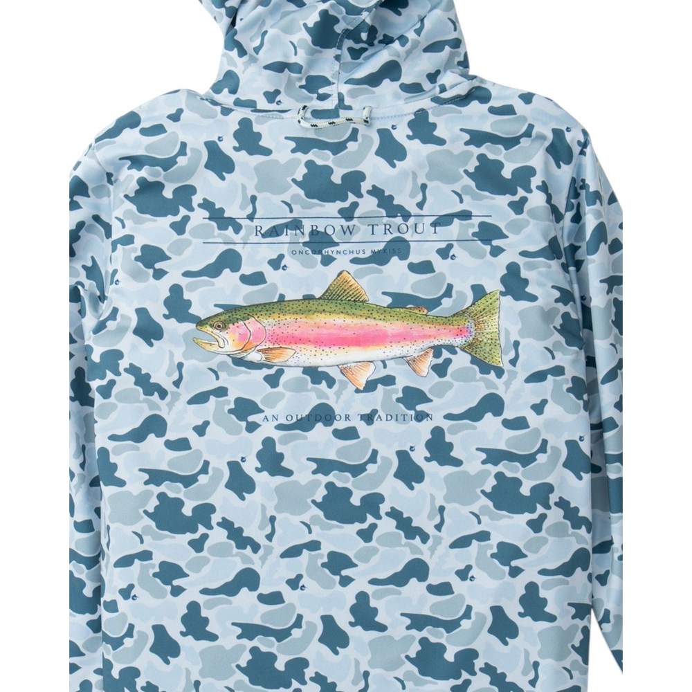 A light blue and slate blue camouflage hoodie featuring a large graphic of a rainbow trout on the chest with the text 'RAINBOW TROUT' and 'AN OUTDOOR TRADITION', that store