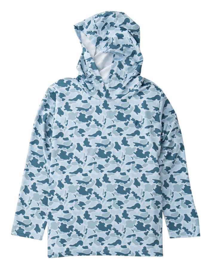 A hooded long-sleeve top with an allover blue and white camouflage pattern, displayed on a clean white background, that store