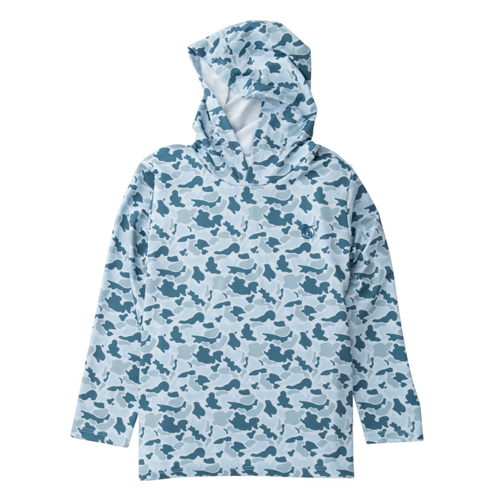 A hooded long-sleeve top with an allover blue and white camouflage pattern, displayed on a clean white background, that store