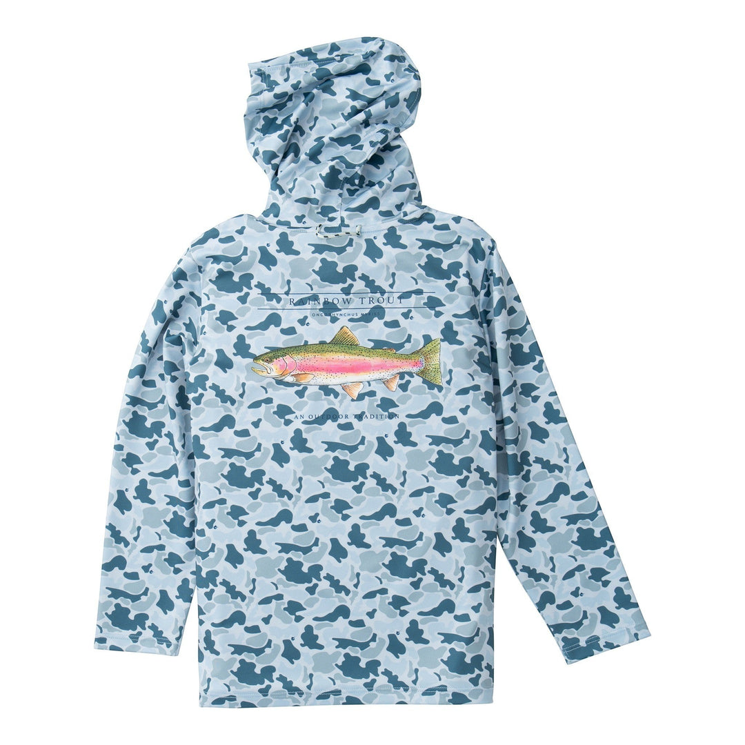 Camouflage hoodie with a fish design on a white background, that store