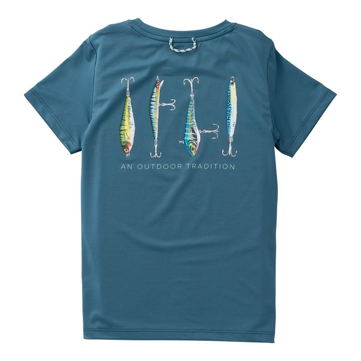 Blue t-shirt with fishing lure graphic on a white background, that store 