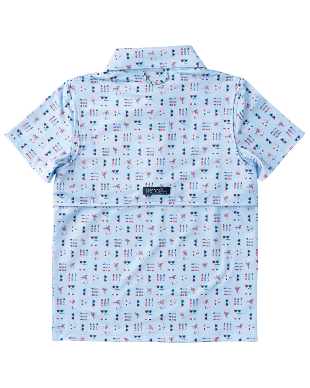 Light blue shirt with colorful pattern on a white background