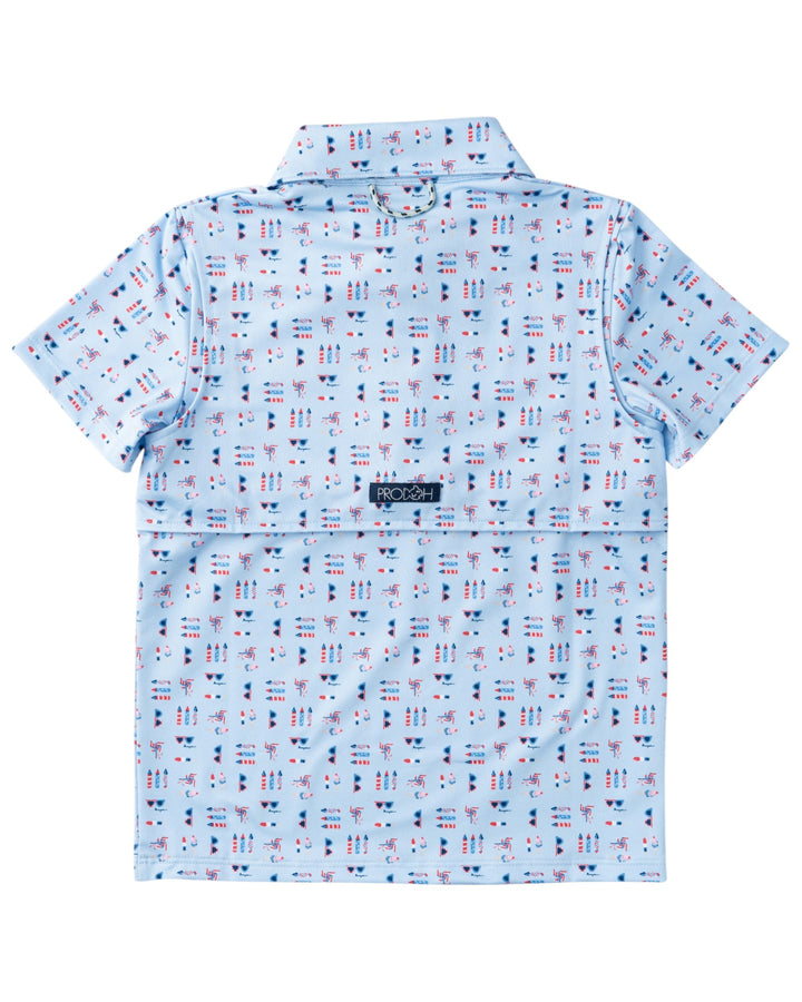 Light blue shirt with colorful pattern on a white background